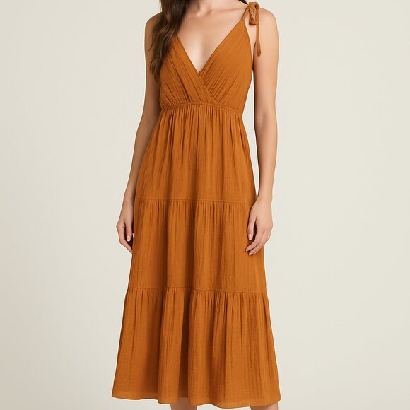 Lush Camel Textured Tie-Shoulder Maxi Dress - Picture 1 of 5